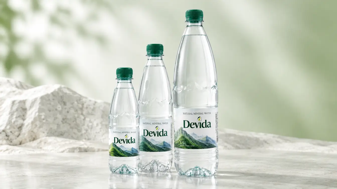 DEVIDA Natural Mineral Water family pack with 350 ml, 600 ml and 1.5 L bottles